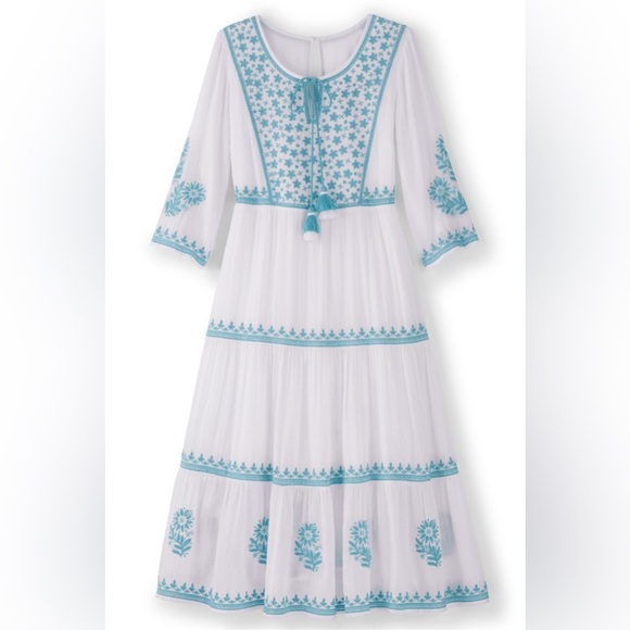 Soft Surroundings Juniper Dress M White Blue Embroidered Tassel Boho Gauze Midi - Picture 1 of 16